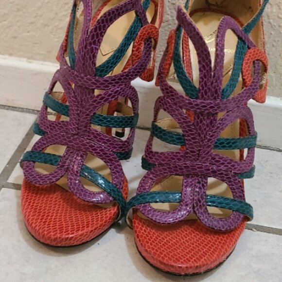 NEW NWT! BRIAN ATWOOD TIRA MARDI GRAS SNAKESKIN STILETTO SANDAL SPIKE HEELS 5.5B - Picture 4 of 8